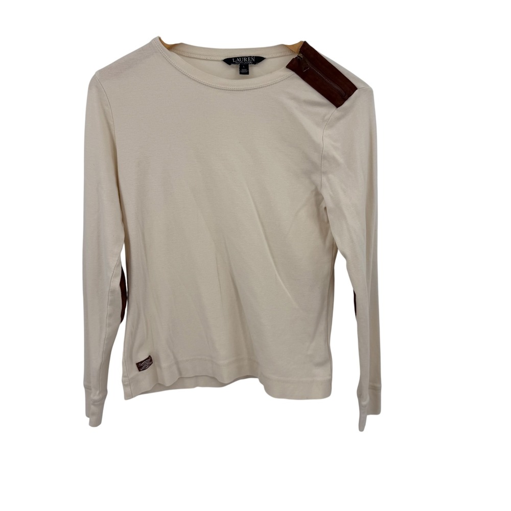 Lauren Ralph Lauren Top Women L Cream Cotton Elbow Patch Equestrian K8